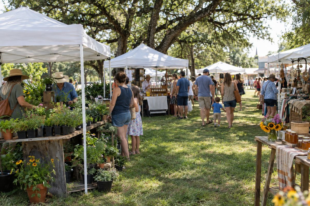 Neighbors browsing vendor tents at an outdoor market under live oaks